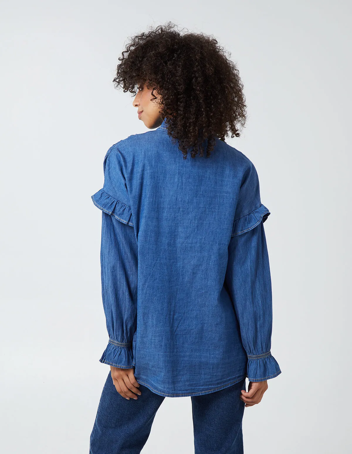 Gathered Front Fill Shoulder Denim Shirt sold by Blue Vanilla product image thumbnail 5