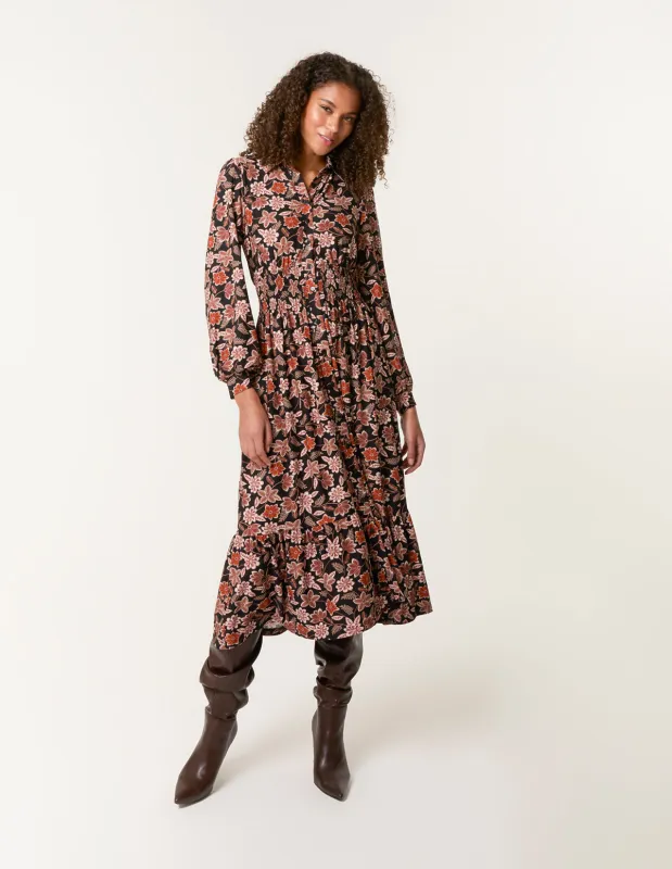 Floral Printed Shirred Waist Midi Shirt Dress sold by Blue Vanilla