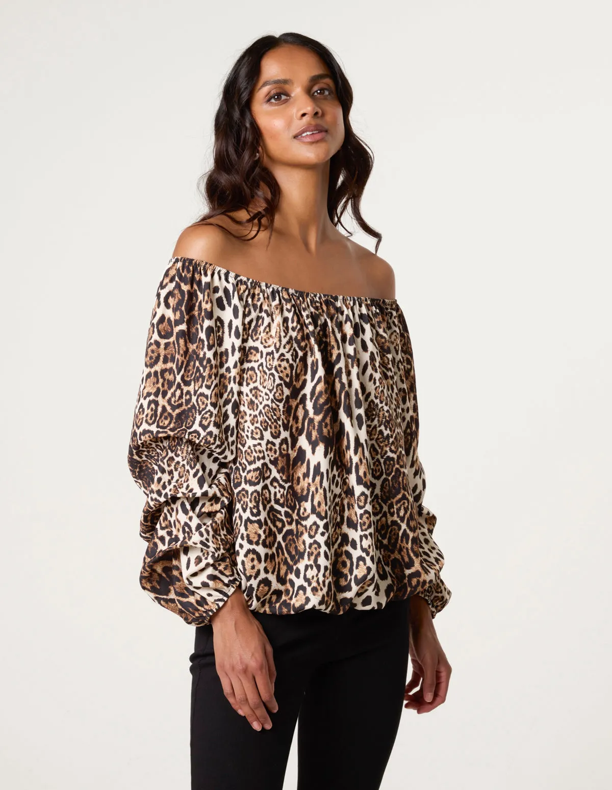 Leopard Print Bardot Rouched Sleeve Top sold by Blue Vanilla