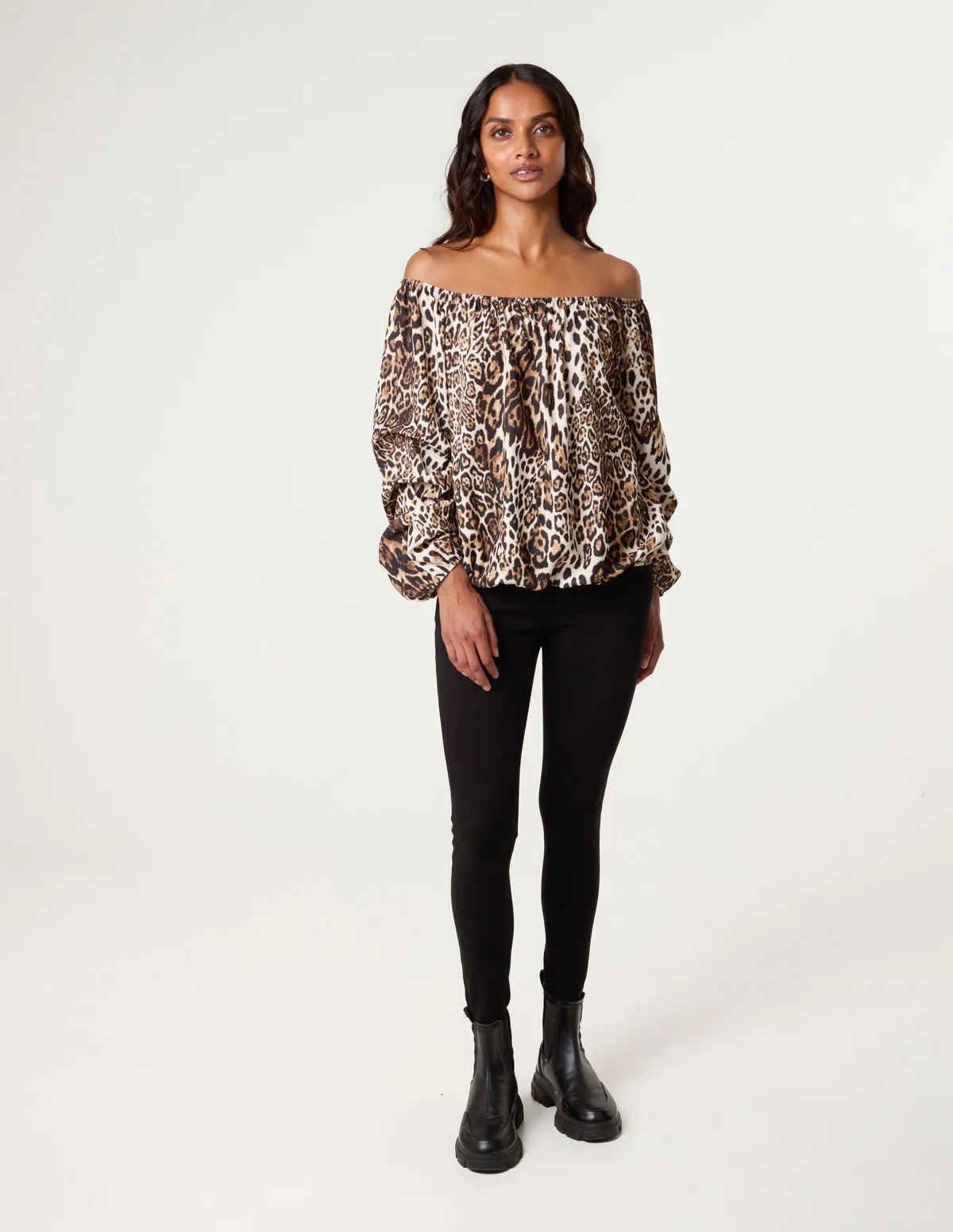 Leopard Print Bardot Rouched Sleeve Top sold by Blue Vanilla product image thumbnail 3