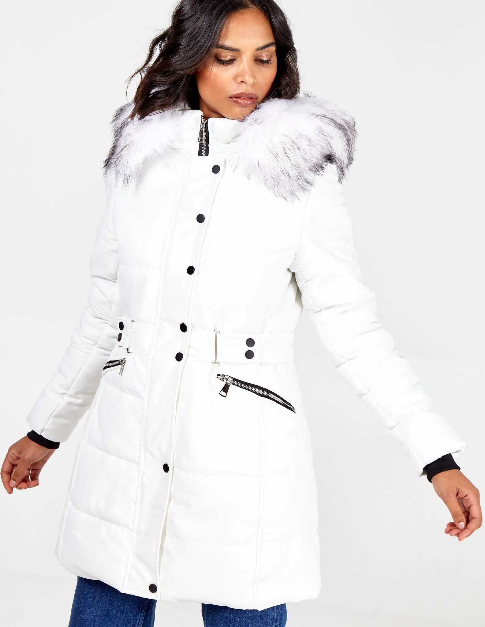 Belt Detail Faux Fur Hooded Puffer Coat sold by Blue Vanilla product image thumbnail 4