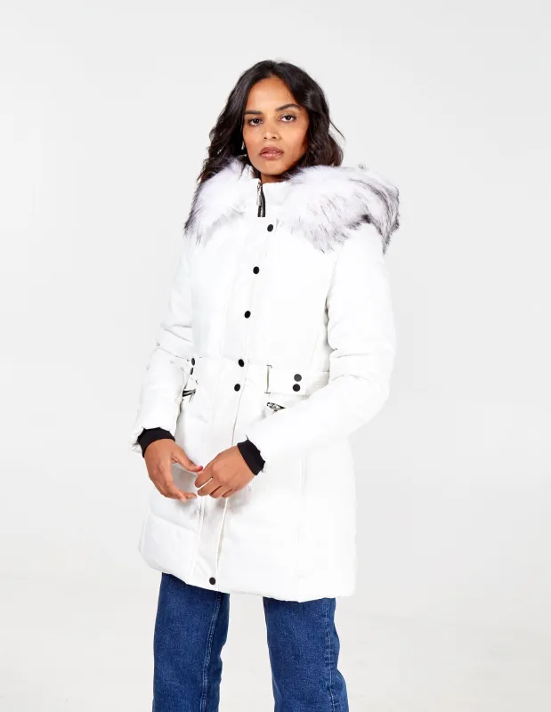 Belt Detail Faux Fur Hooded Puffer Coat made by Blue Vanilla