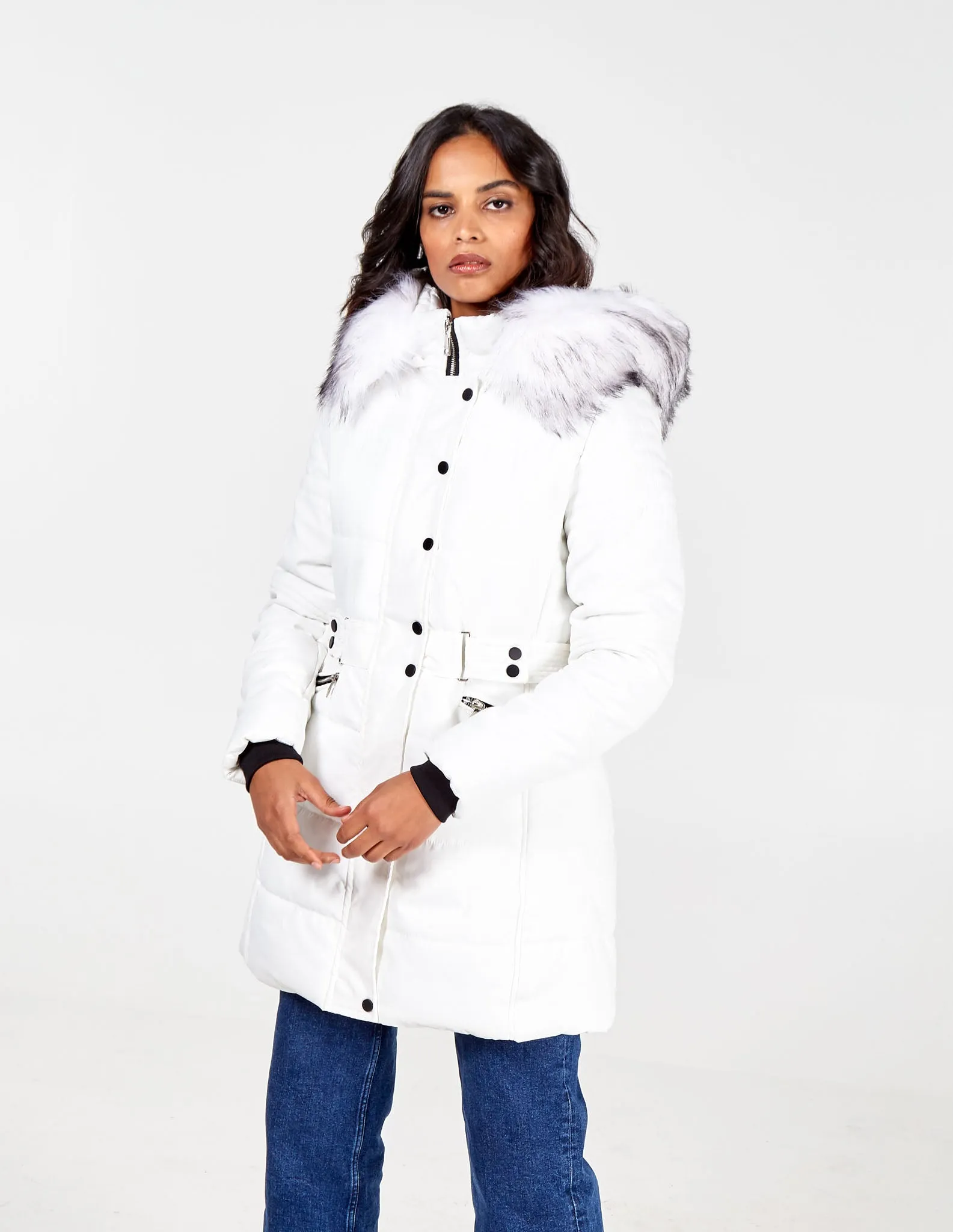 Belt Detail Faux Fur Hooded Puffer Coat sold by Blue Vanilla