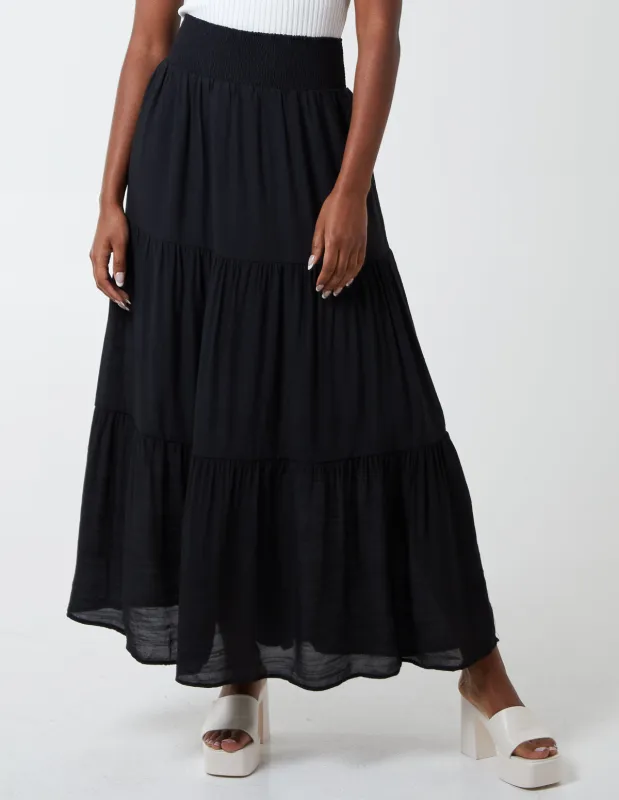 Shirring Waist Tiered Maxi Skirt sold by Blue Vanilla