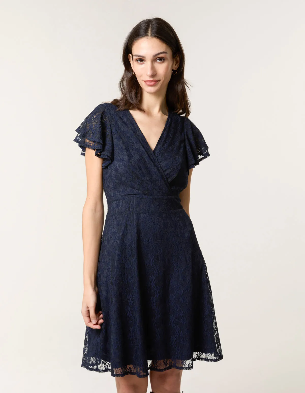 Lace Flutter Sleeve Wrap Mini Dress sold by Blue Vanilla