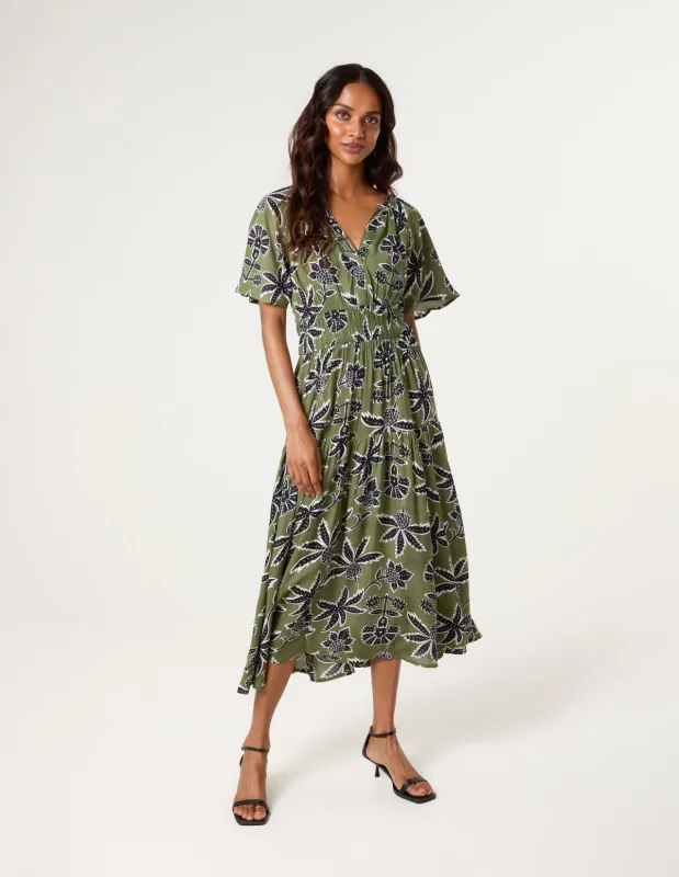 Notch Neck Elastic Tropical Print Dress sold by Blue Vanilla