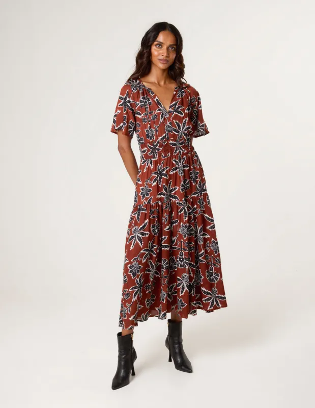 Notch Neck Elastic Tropical Print Dress sold by Blue Vanilla