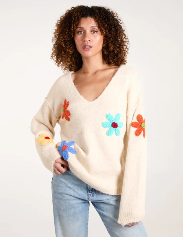 Flower Knit Embroidery V Neck Jumper sold by Blue Vanilla