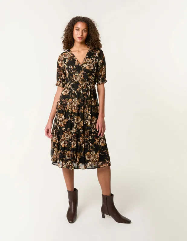 Floral Mesh Wrap Front Tiered Midi Dress sold by Blue Vanilla