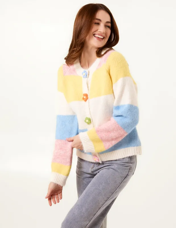 Multi Coloured Striped Cardigan With Flower Buttons sold by Blue Vanilla