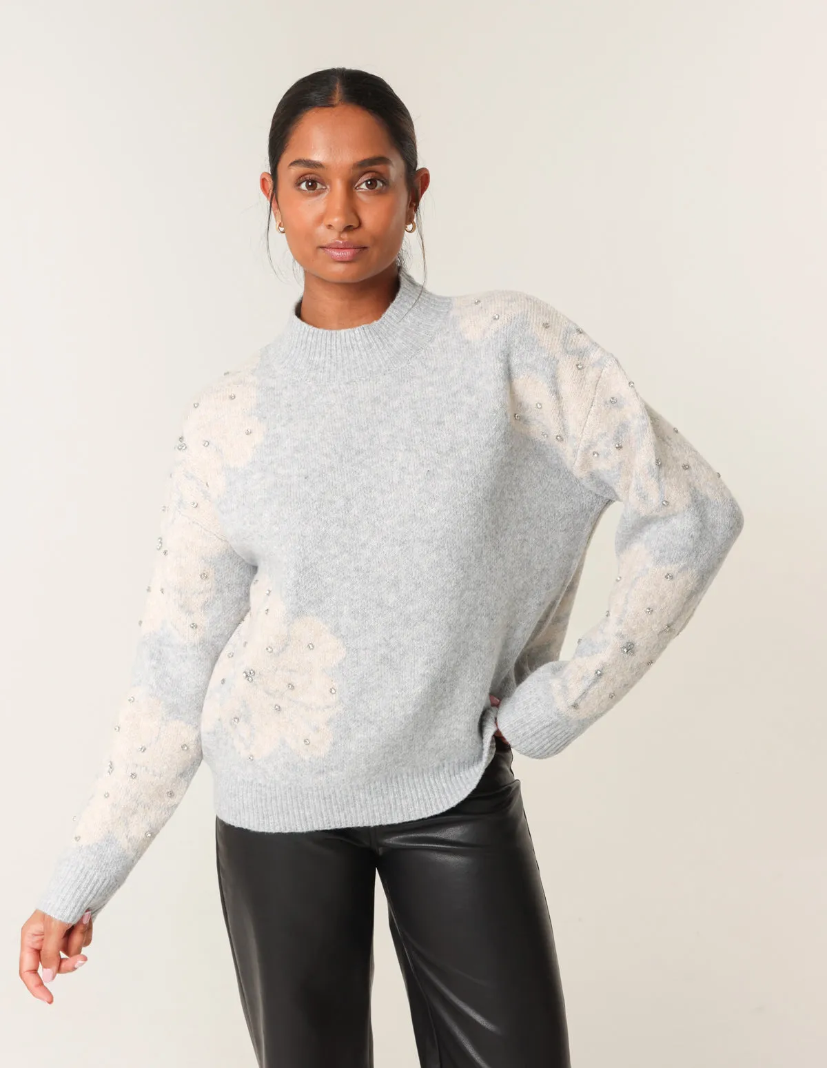Flower Diamante Detailed Knitted Jumper sold by Blue Vanilla