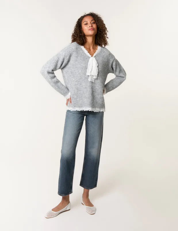 Lace Trim Pussy Bow Jumper sold by Blue Vanilla