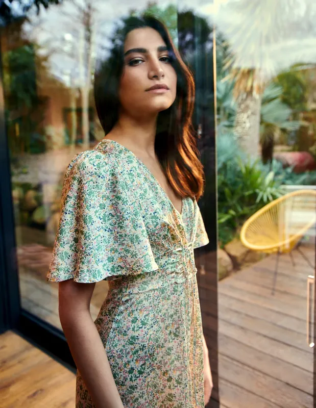 Flutter Sleeve Lattice Front Midi Dress sold by Blue Vanilla