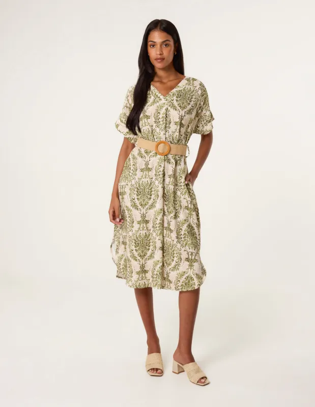 Printed V Neck Dress With Woven Belt sold by Blue Vanilla