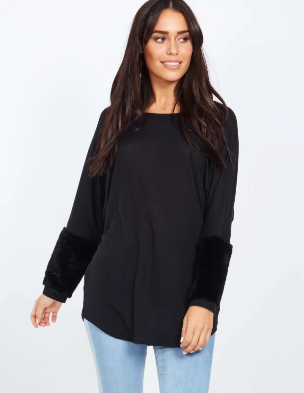 Faux Fur Panel Oversized Black Batwing Top sold by Blue Vanilla