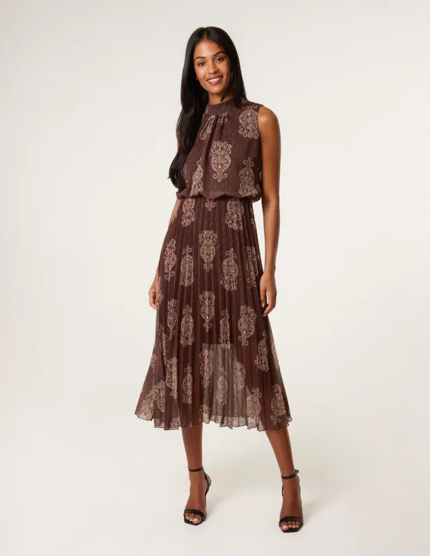 Paisley High Neck Sleeveless Pleated Midi Dress sold by Blue Vanilla