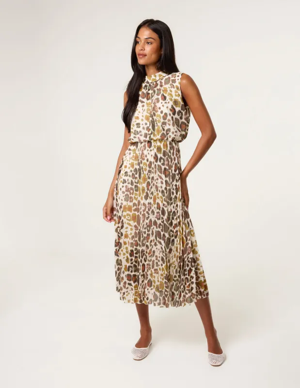 Abstract Leopard Print Sleeveless Pleated Midi Dress sold by Blue Vanilla