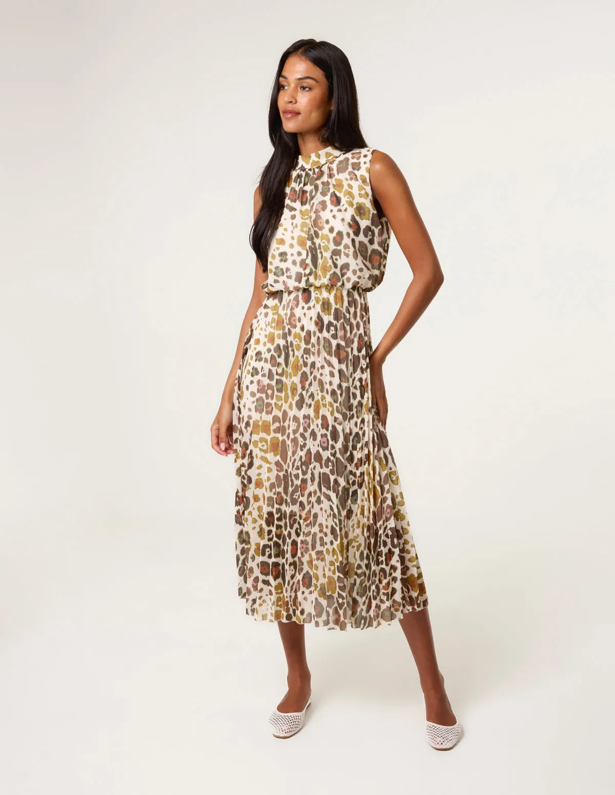 Abstract Leopard Print Sleeveless Pleated Midi Dress sold by Blue Vanilla