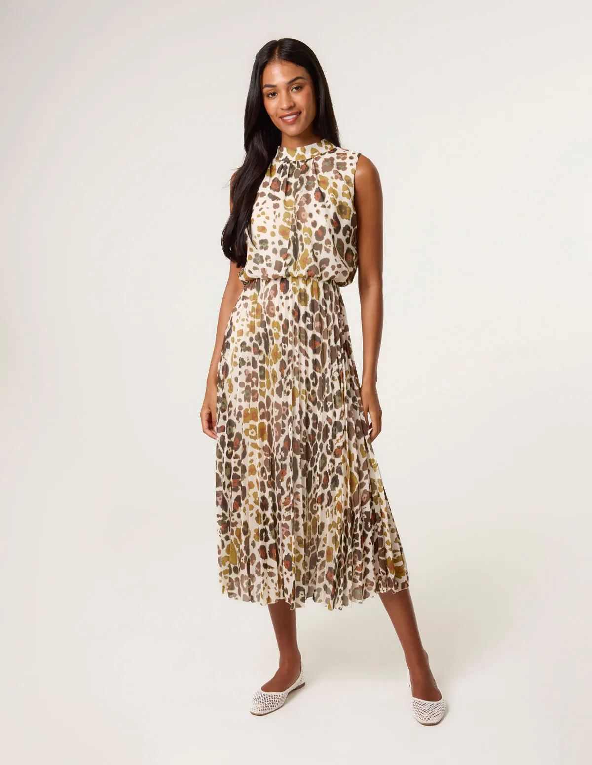 Abstract Leopard Print Sleeveless Pleated Midi Dress sold by Blue Vanilla product image thumbnail 2