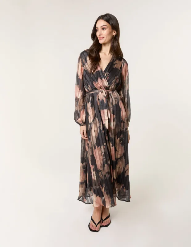 Watercolour Pleated Wrap Belted Dress sold by Blue Vanilla