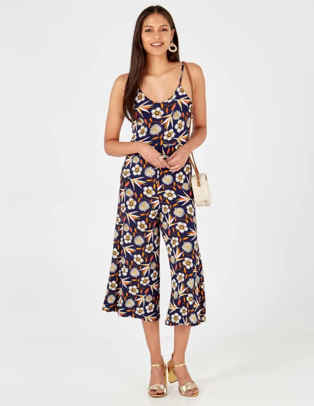 Floral Print Frill Waist Navy Culotte Jumpsuit sold by Blue Vanilla