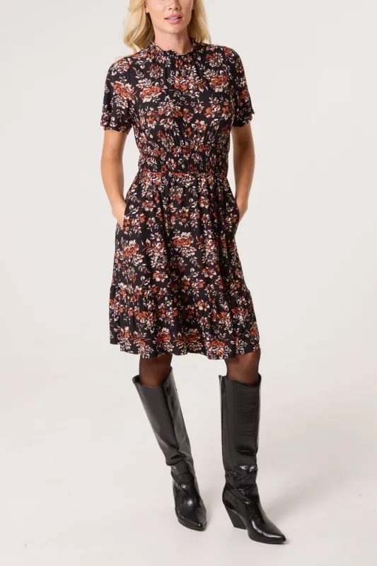 Frill Neck Shirred Waist Mini Dress made by Blue Vanilla