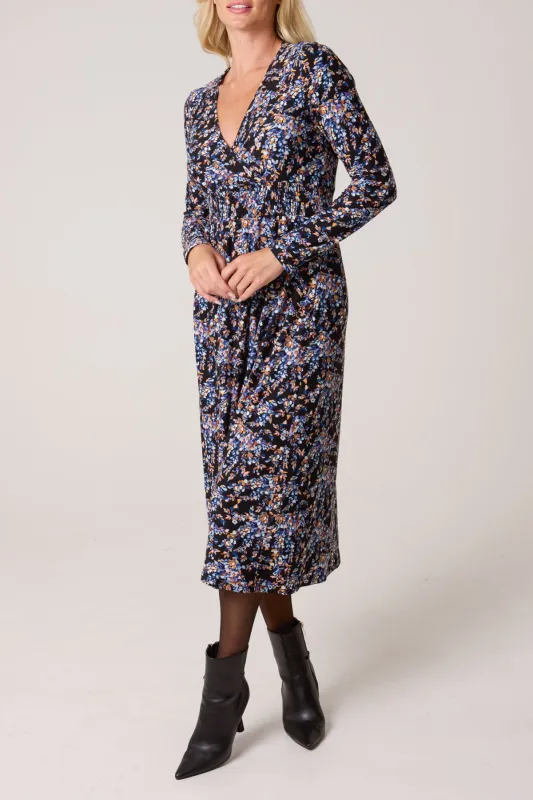 Floral V Neck Wrap Long Sleeve Midi Dress sold by Blue Vanilla