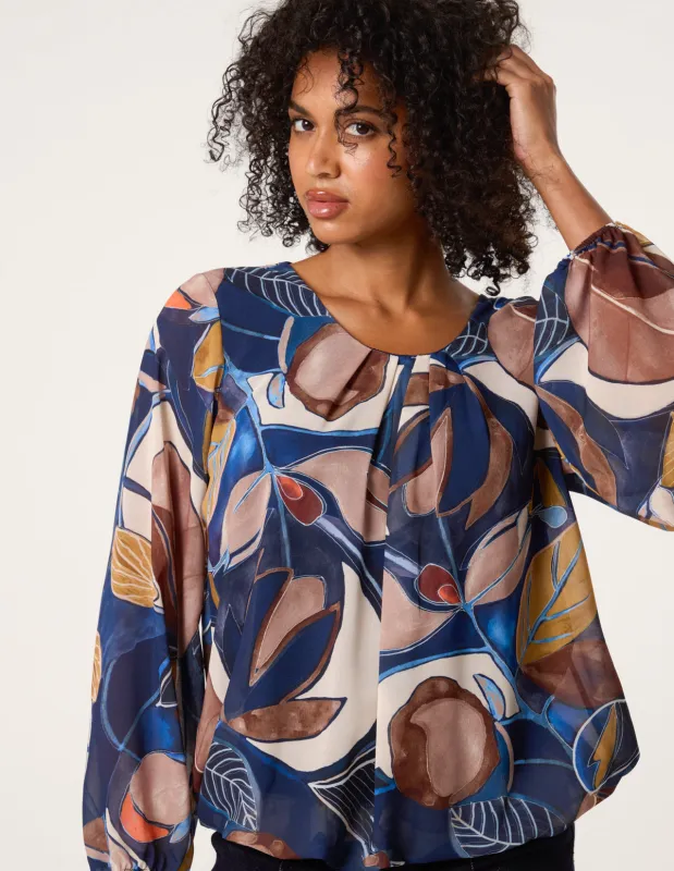 Abstract Print Scoop Neck Puffball Blouse sold by Blue Vanilla