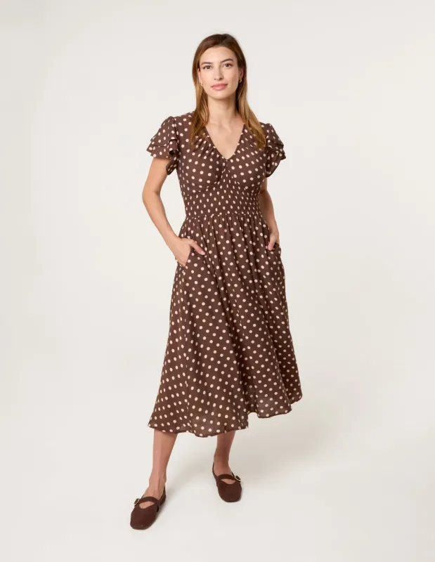 Polka Dot Double Frill Shirred Midi Dress made by Blue Vanilla