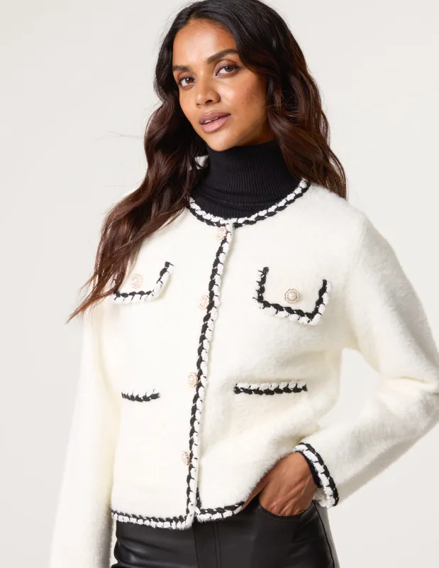 Fluffy Knit Contrast Trim Button Front Cardigan sold by Blue Vanilla