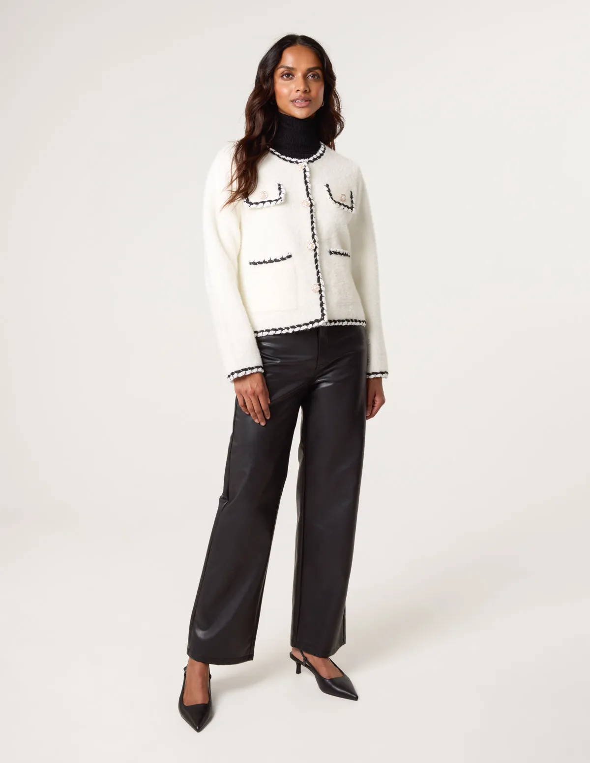 Fluffy Knit Contrast Trim Button Front Cardigan sold by Blue Vanilla product image thumbnail 2