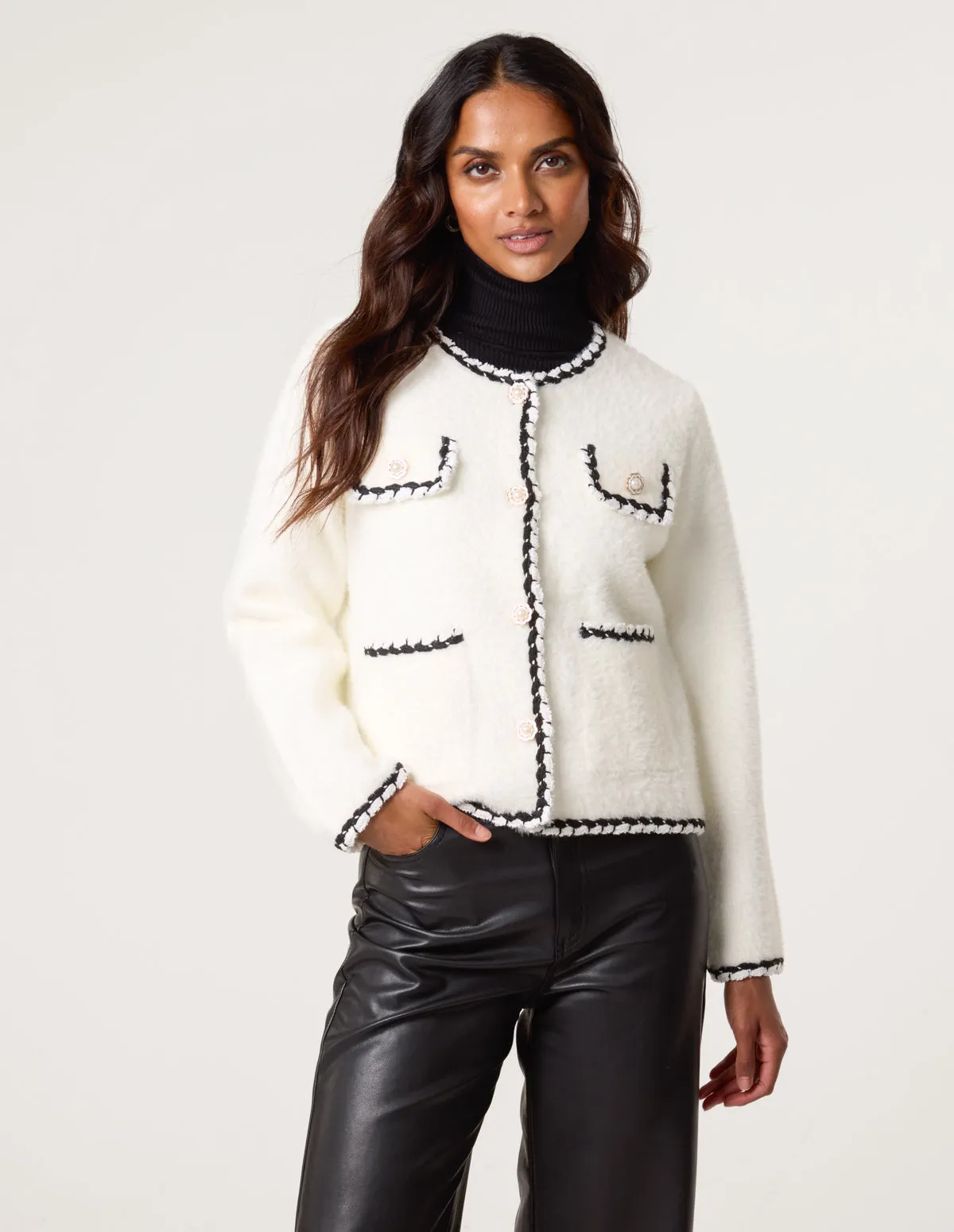 Fluffy Knit Contrast Trim Button Front Cardigan sold by Blue Vanilla product image thumbnail 3