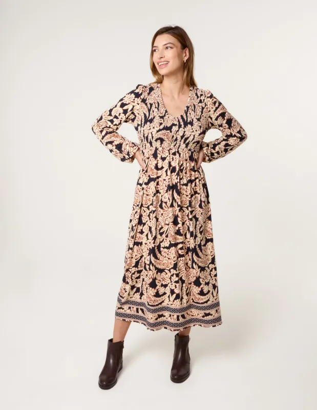 V Neck Shirred Border Print Midi Dress sold by Blue Vanilla