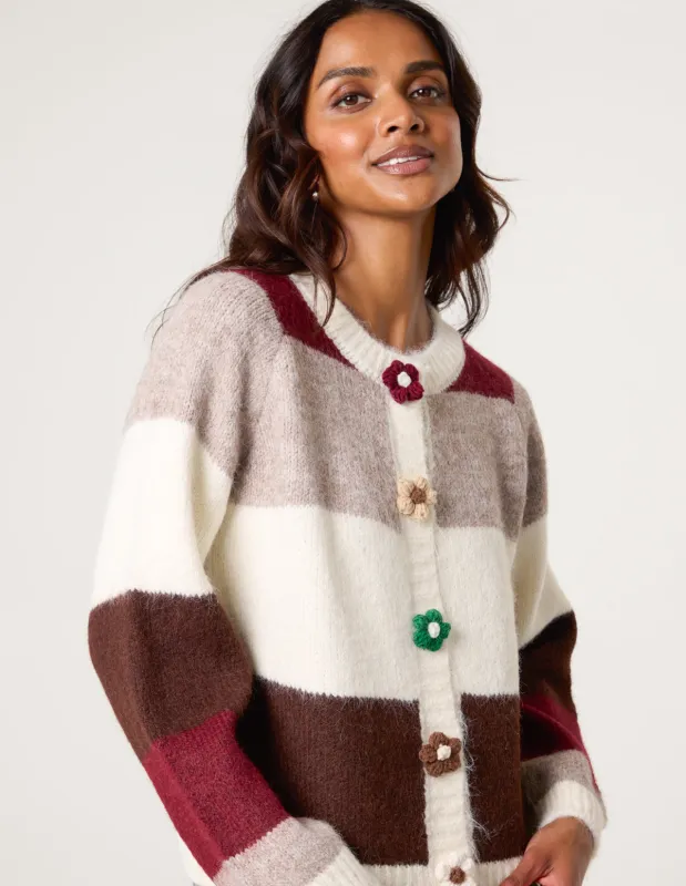 Multi Coloured Striped Cardigan With Flower Buttons sold by Blue Vanilla