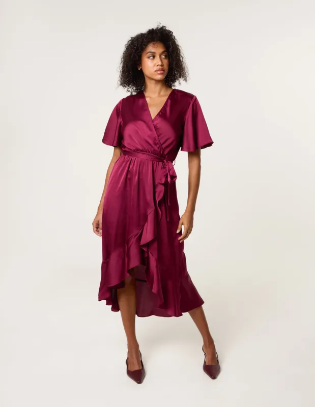 Satin Wrap Frill High To Low Midi Dress sold by Blue Vanilla
