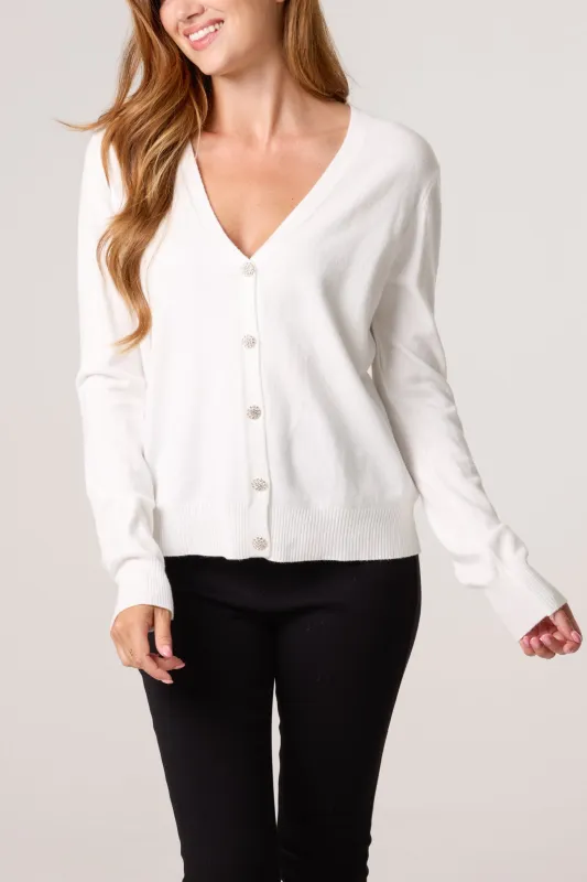 V Neck Diamante Button Cardigan sold by Blue Vanilla