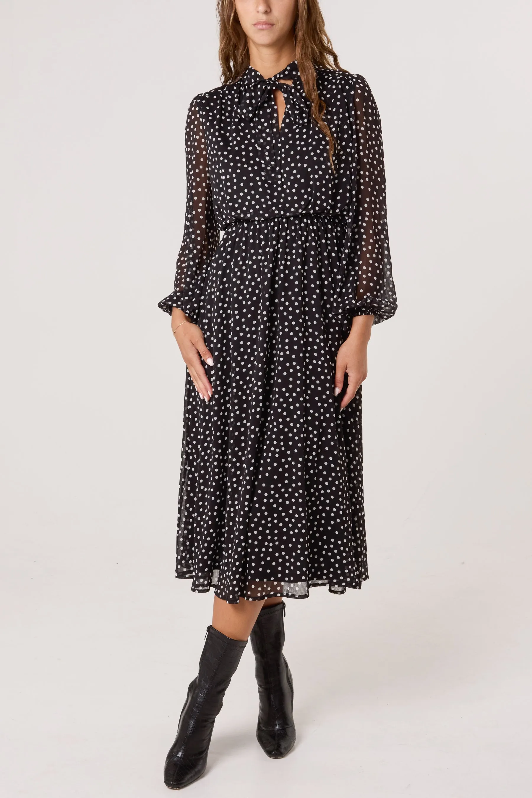 Polka Dot Tie Neck Midi Dress sold by Blue Vanilla product image thumbnail 3