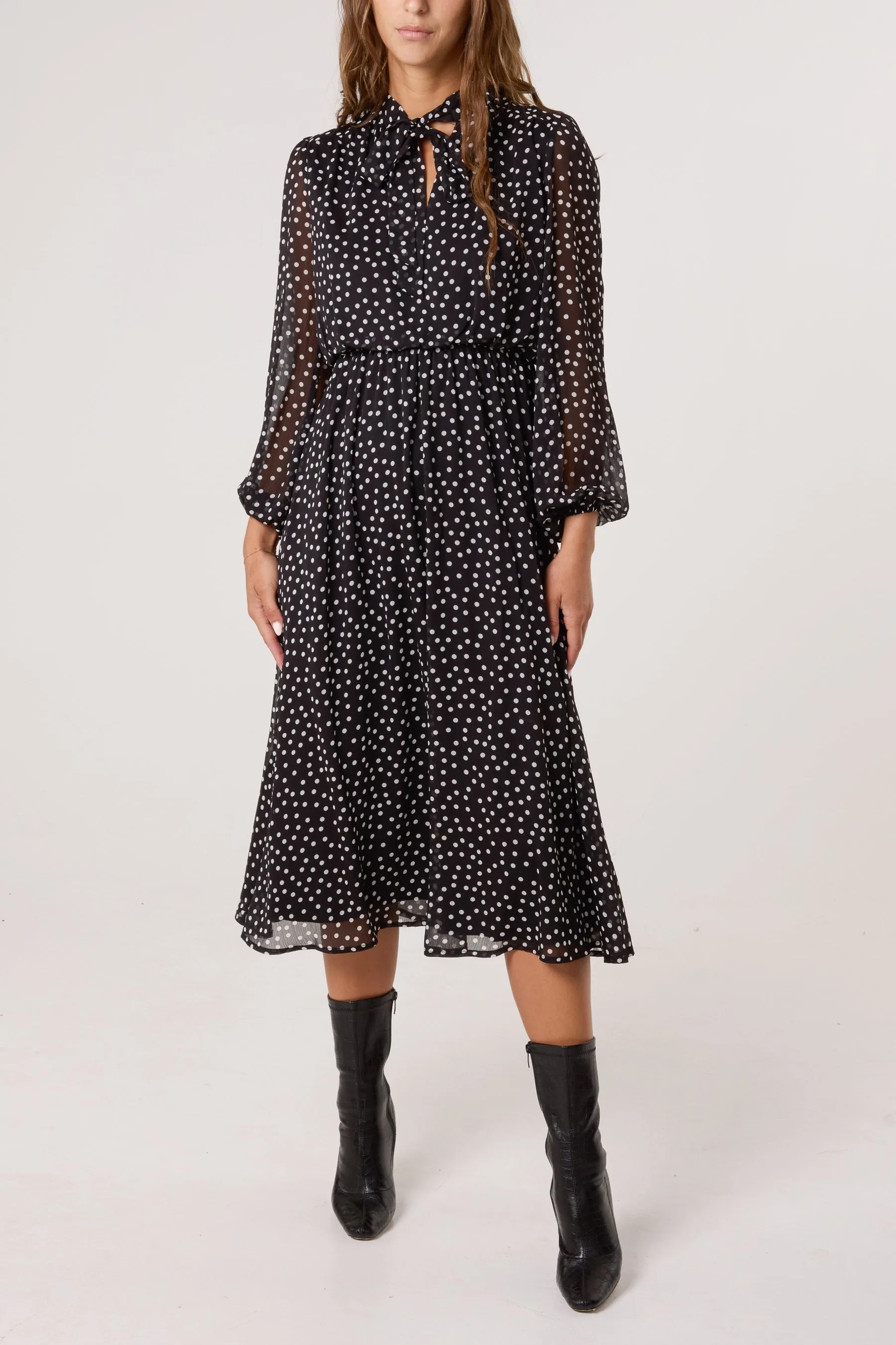 Polka Dot Tie Neck Midi Dress sold by Blue Vanilla product image thumbnail 5