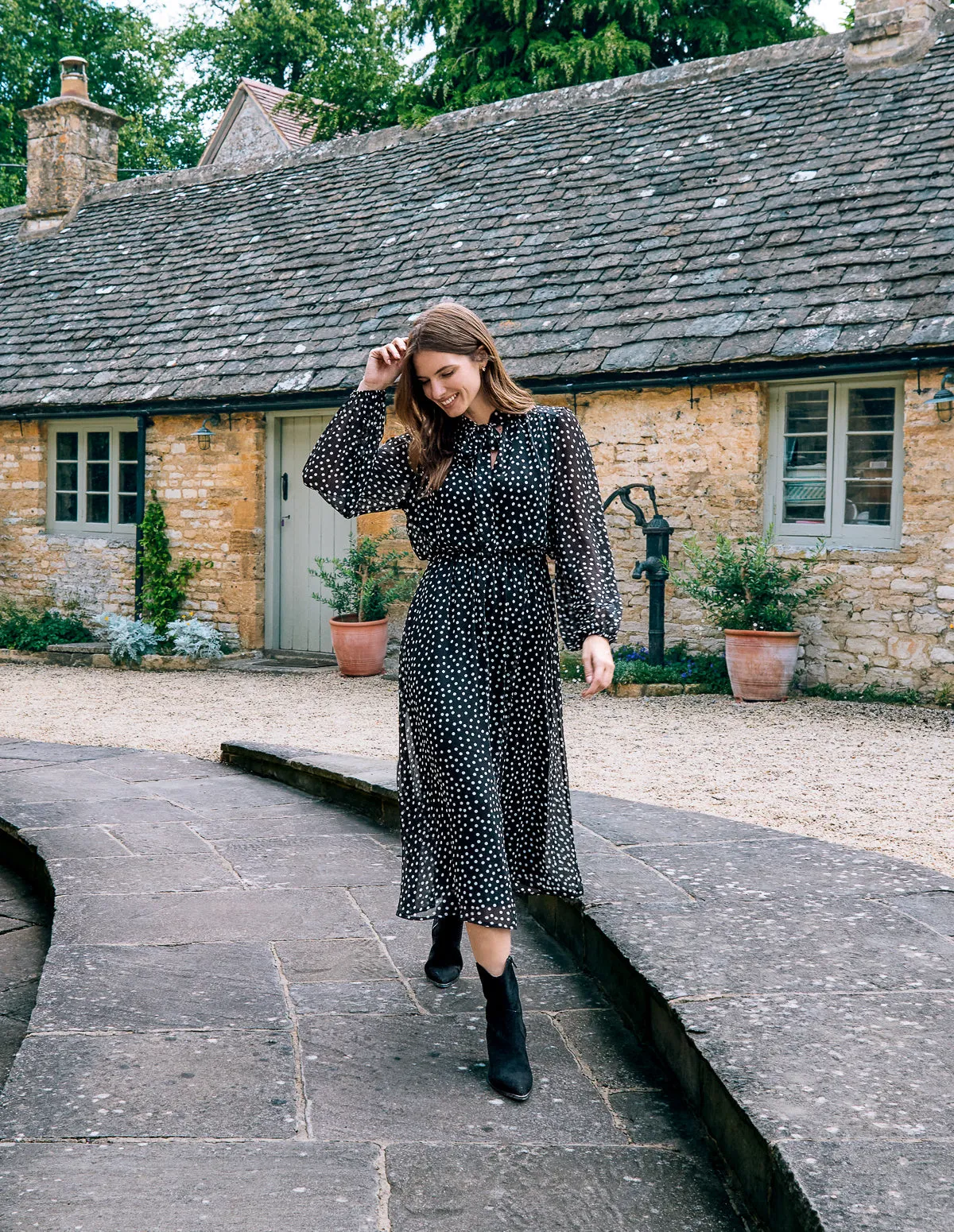 Polka Dot Tie Neck Midi Dress sold by Blue Vanilla