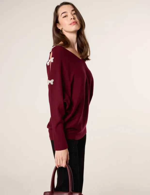 V-Neck Batwing Shoulder Pearl Detailing Jumper sold by Blue Vanilla