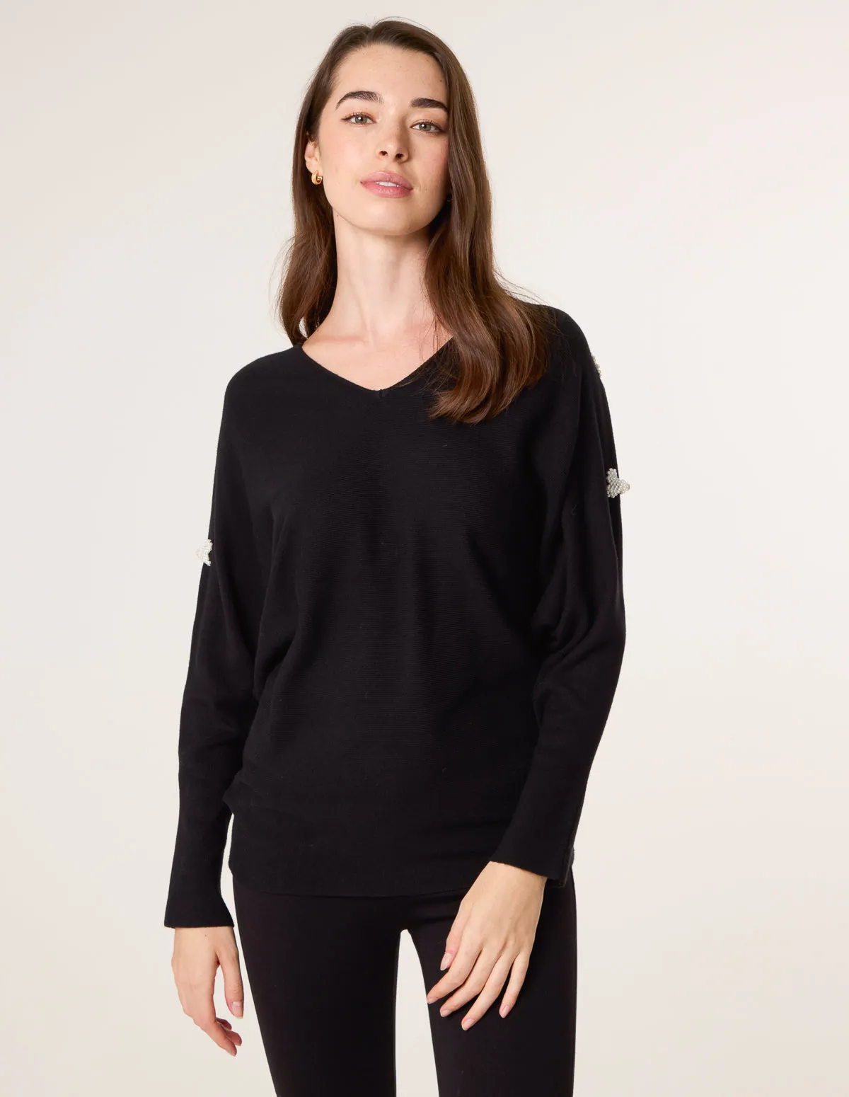 V-Neck Batwing Shoulder Pearl Detailing Jumper sold by Blue Vanilla product image thumbnail 3
