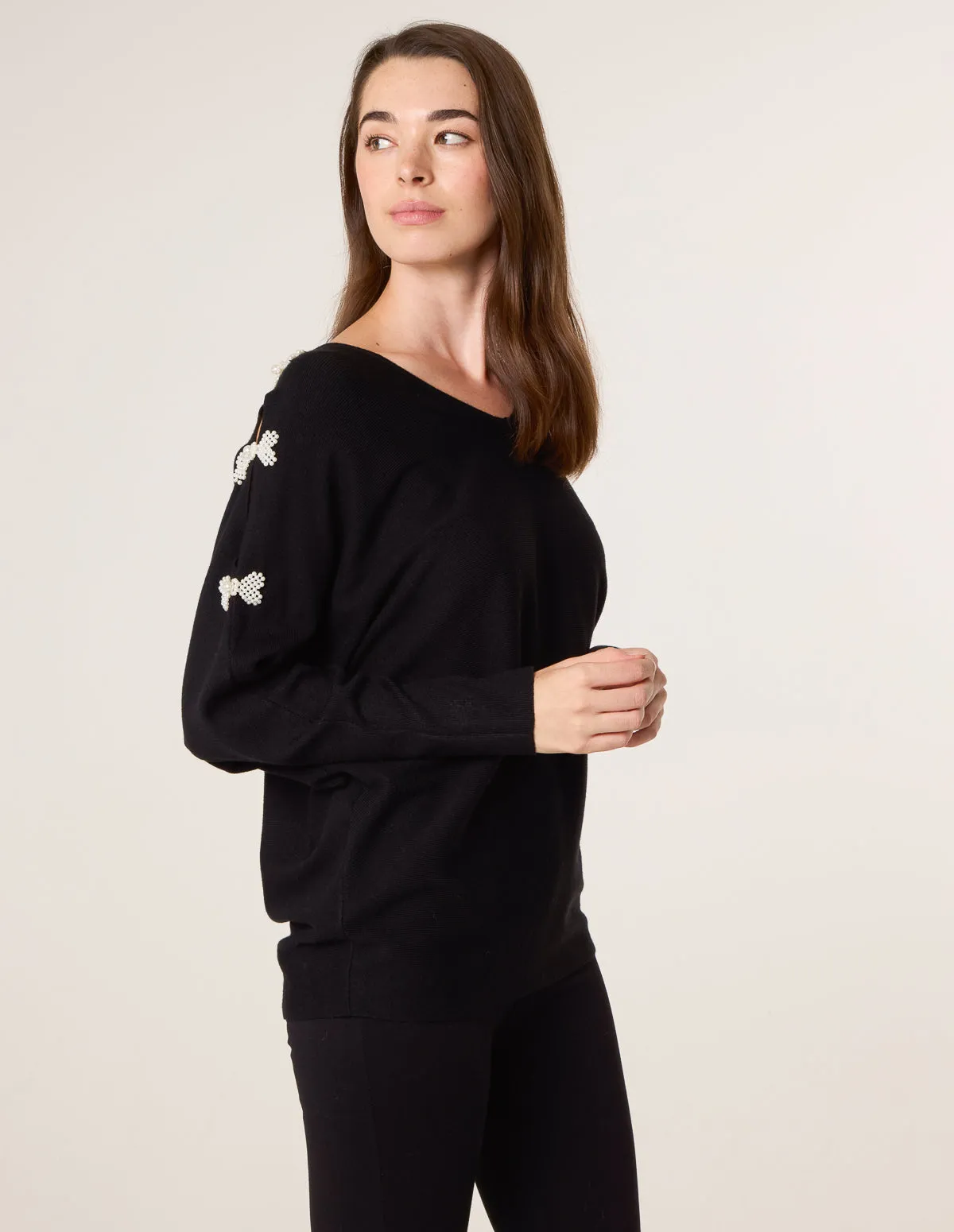 V-Neck Batwing Shoulder Pearl Detailing Jumper sold by Blue Vanilla product image thumbnail 2