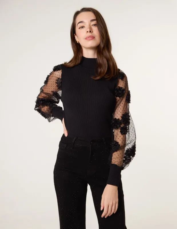 Turtle Neck Jumper With Mesh Polka Dot And Flower Detailed Sleeves sold by Blue Vanilla