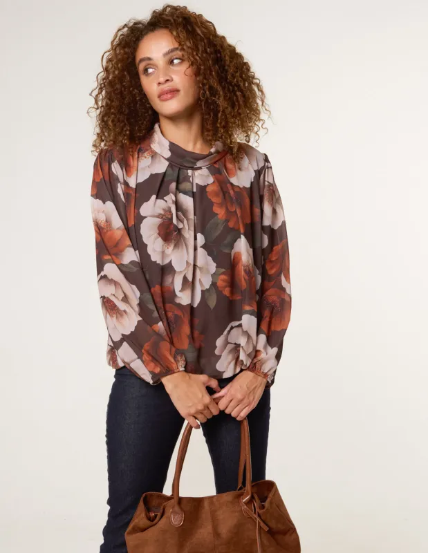 Large Watercolour Floral Cowl Neck Puffball Blouse sold by Blue Vanilla