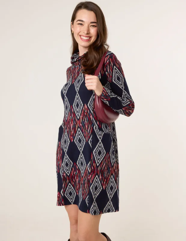 Printed Draped Cowl Neck Long Sleeve Dress sold by Blue Vanilla