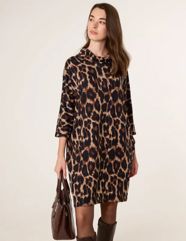 Leopard Print Draped Cowl Neck Tunic Dress sold by Blue Vanilla
