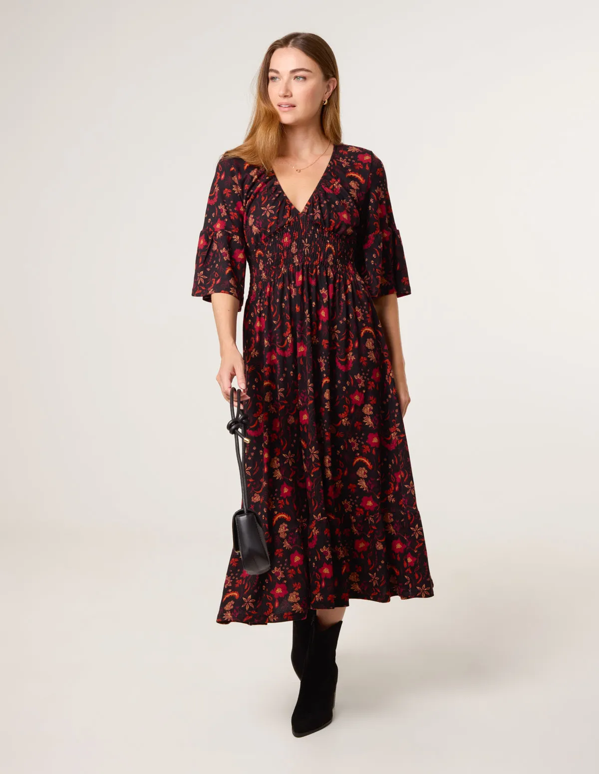 Paisley Shirred Waist V Neck Midi Dress sold by Blue Vanilla