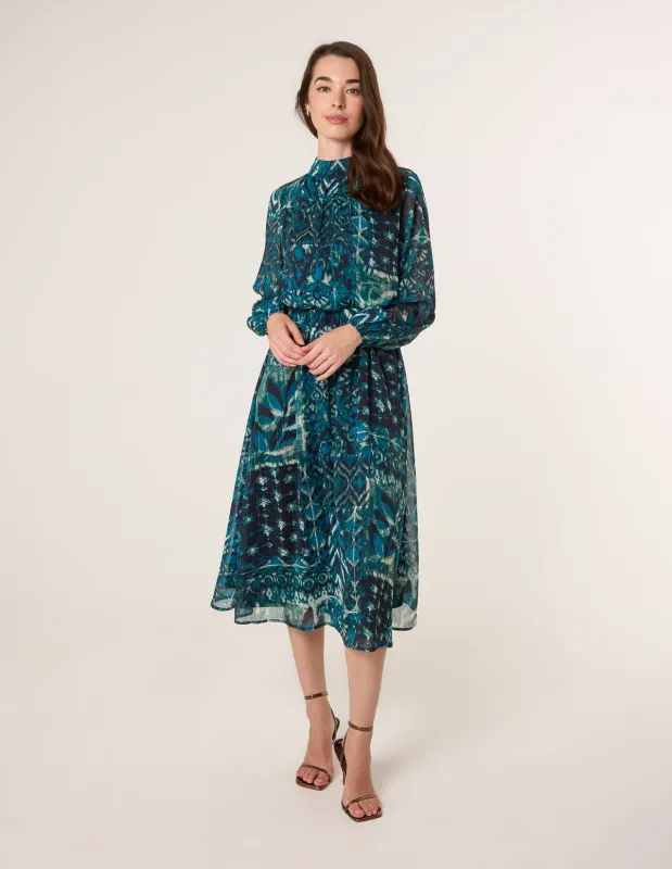 Watercolour Paisley Puffball High Neck Midi Dress sold by Blue Vanilla