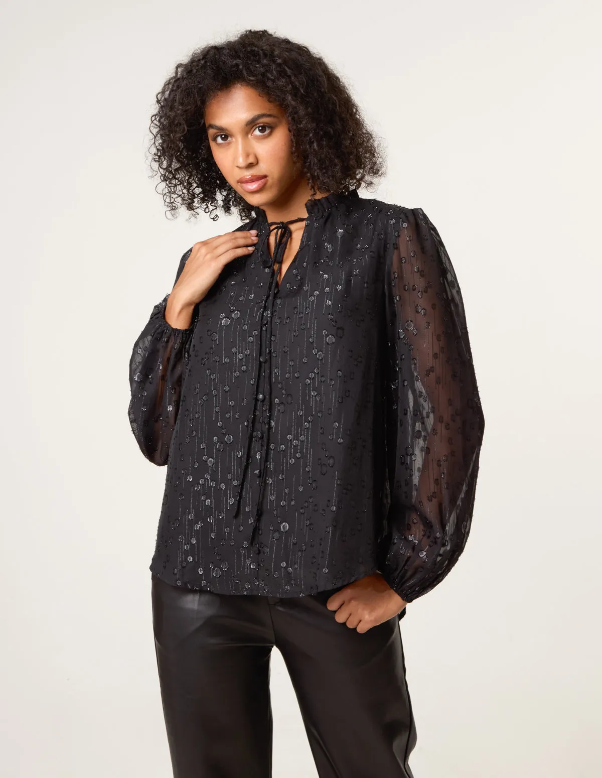 Jacquard Button And Tie Front Blouse sold by Blue Vanilla