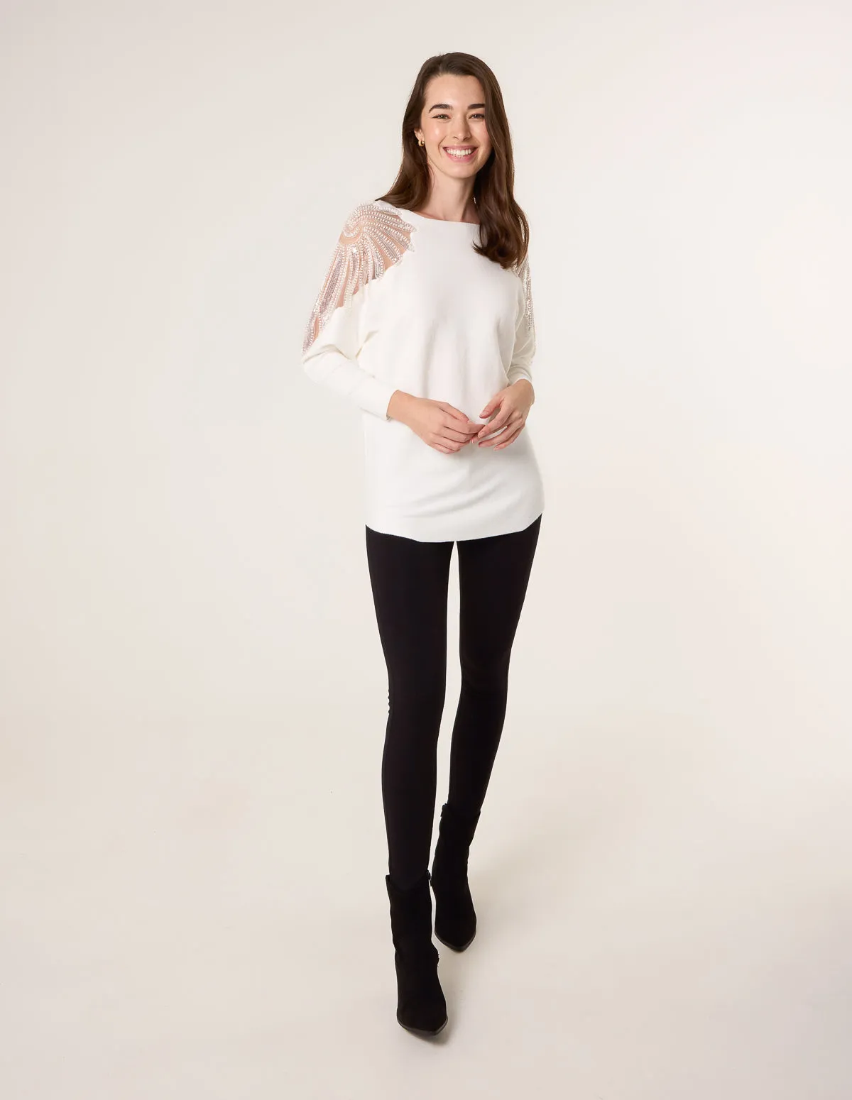 Crew Neck Batwing Shoulder Pearl Detailing Jumper sold by Blue Vanilla product image thumbnail 3